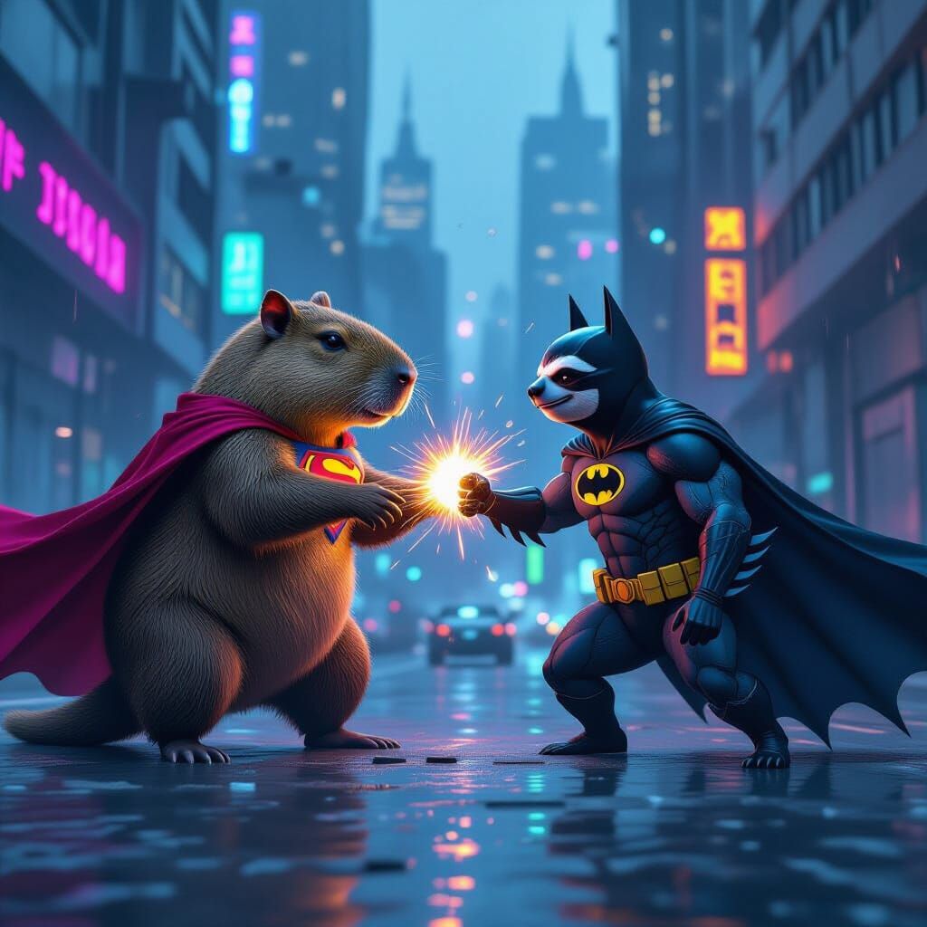 Capybara Superman vs Sloth Batman in Dystopian City