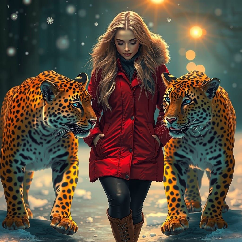 Lady Encounters Leopards in Winter Wonderland