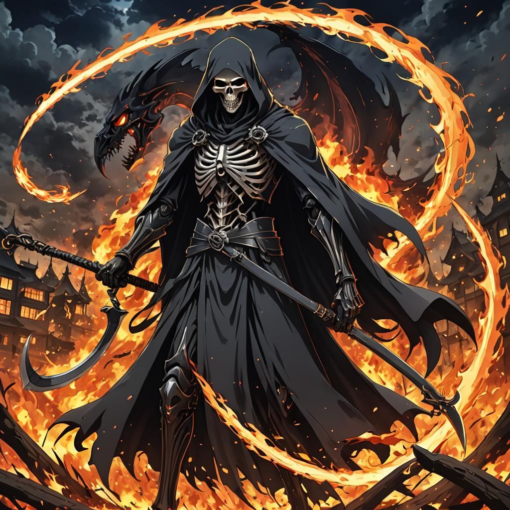 Grim Reaper with Fiery Scythe in Anime Style
