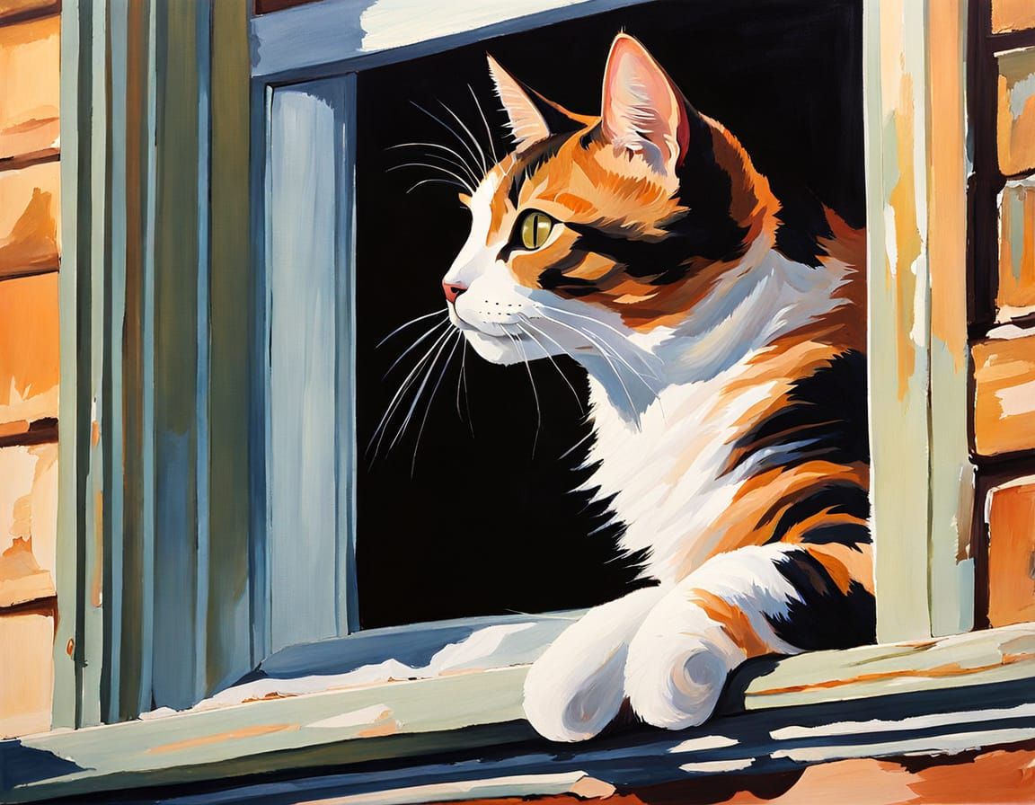 Calico Cat in Sunlight: Gouache Illustration