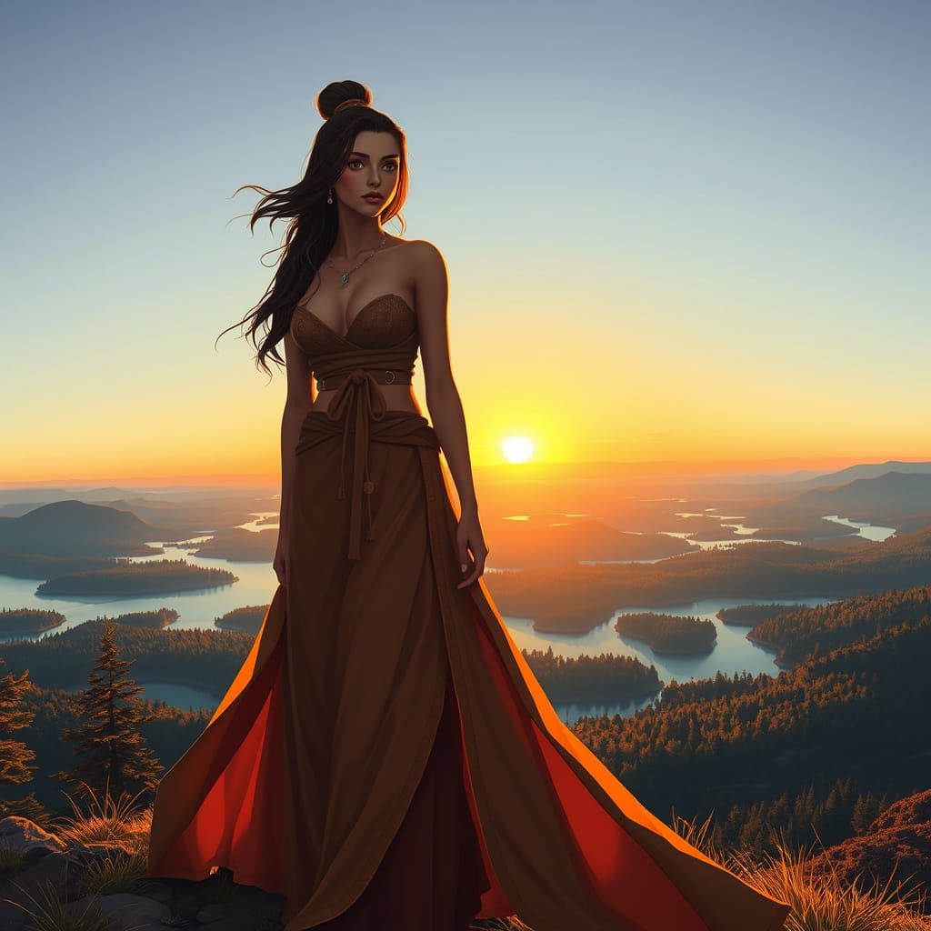 Woman at Sunset Vista in Digital Painting Style