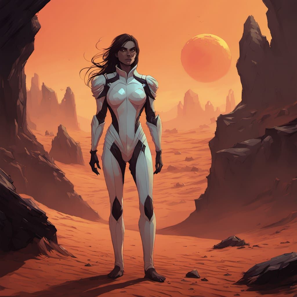 Regal Bene Gesserit Woman in Flowing White StillSuit, Exudin...