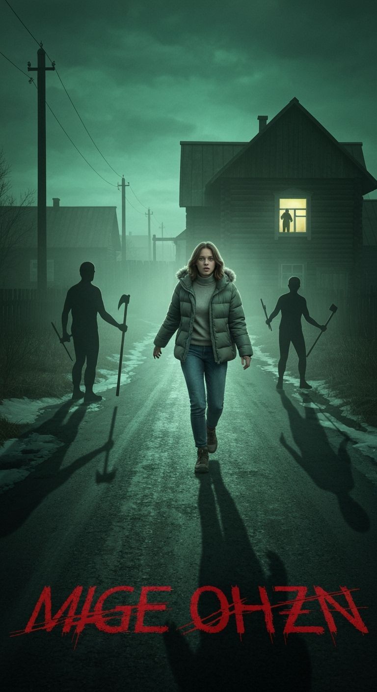 Eerie Woman in Russian Village at Dusk