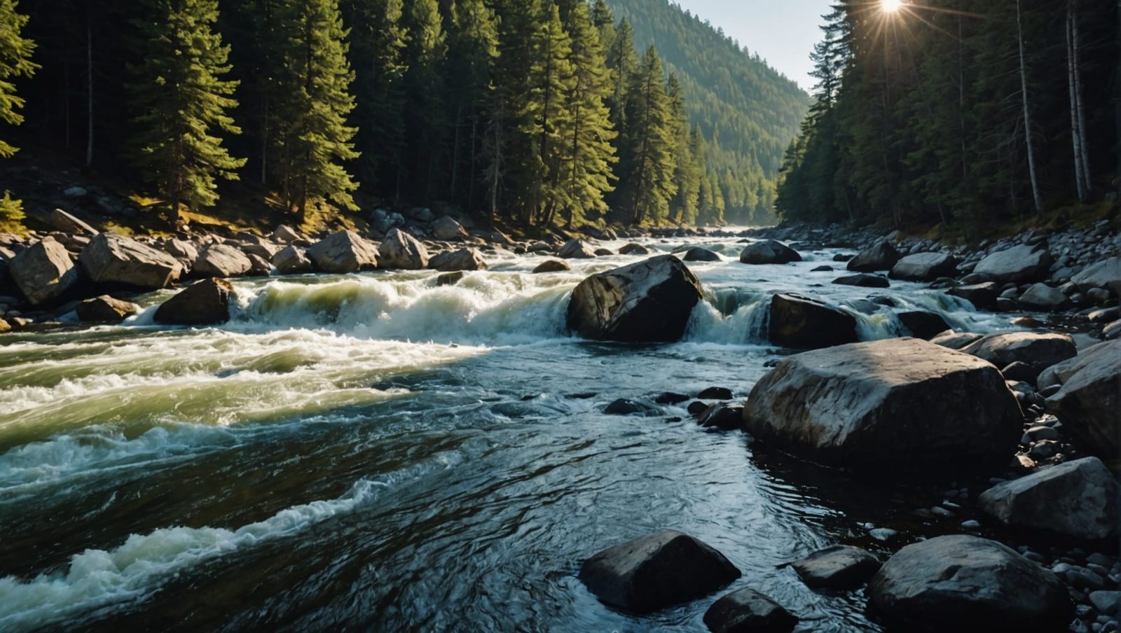 Sunlit River Rapids Through Dark Forest