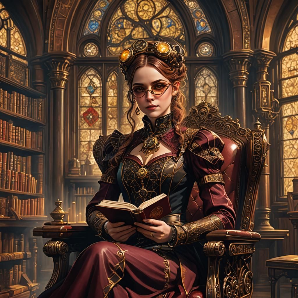 Steampunk Lady in Gothic Library: Digital Art