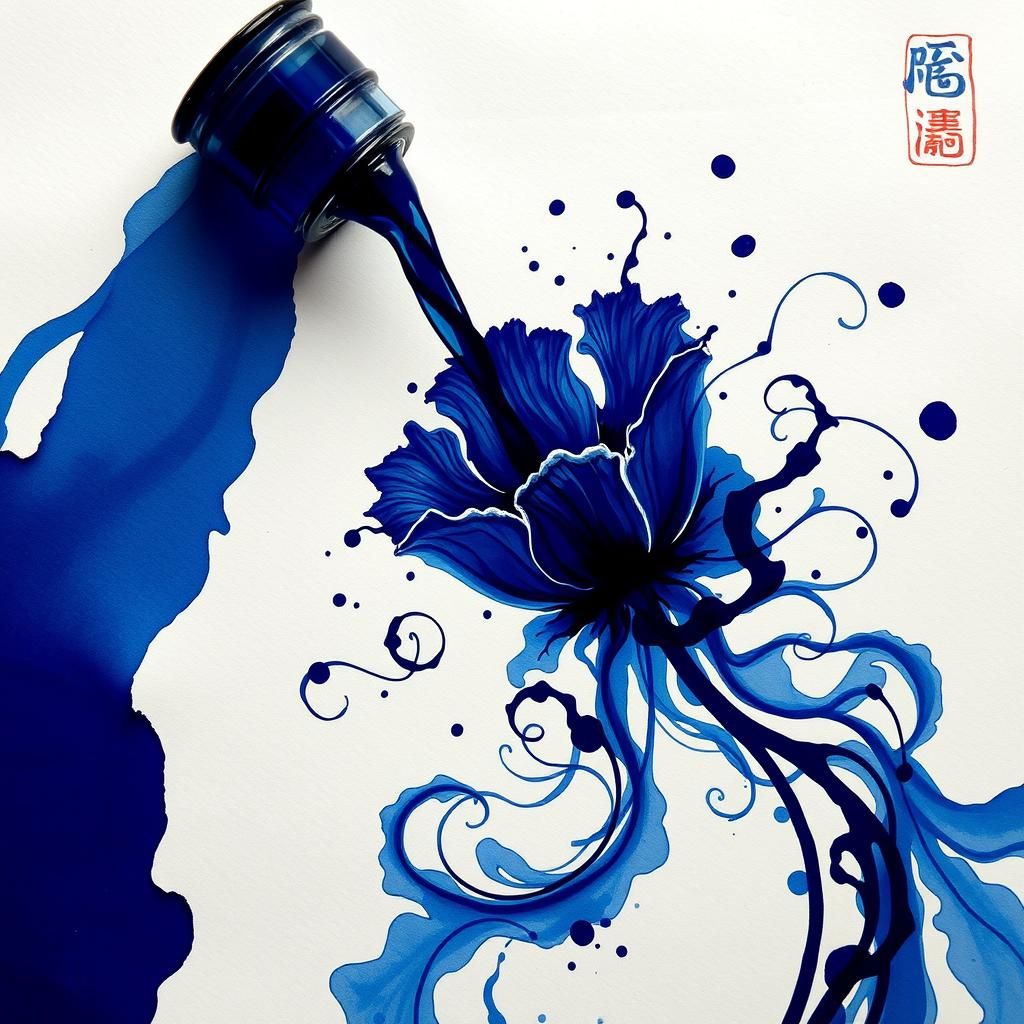 Ink Cascade: Calligraphic Poppies in Abstract Expressionism