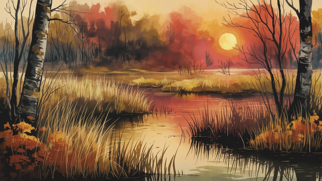 Kafkaesque Autumn Sunset Over Swamp in Heavy Impasto Style