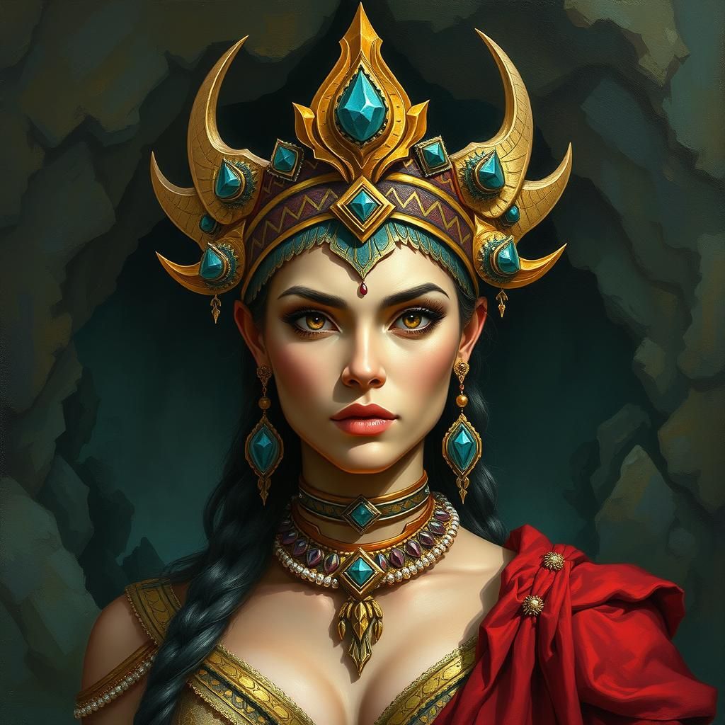 Norn Queen: Majestic Oil Painting in Fantasy Cave