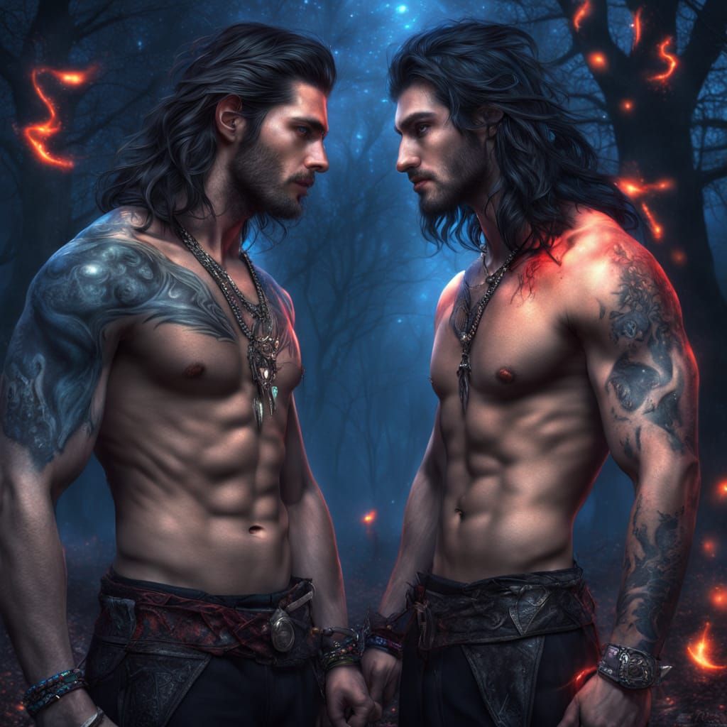 Two Handsome Witch Twins Embrace in a Magic Forest