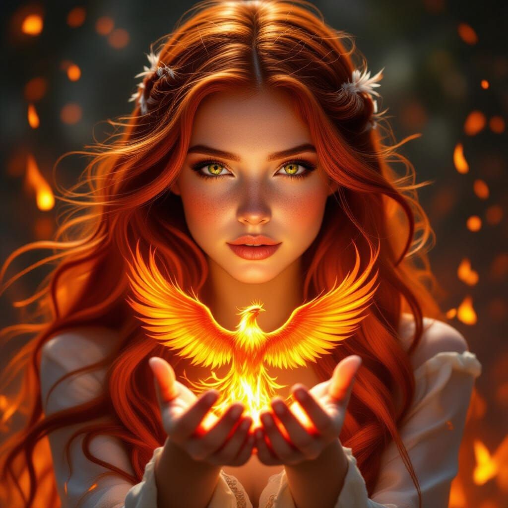 Mystical Woman Holds Fiery Phoenix in Ethereal Portrait