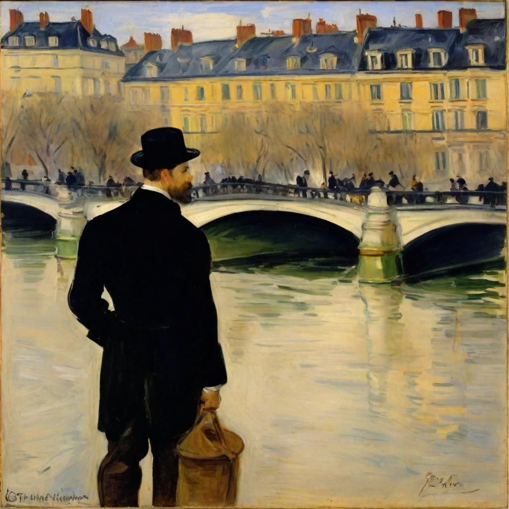 Hockey Player on Pont Neuf as Impressionist Gouache