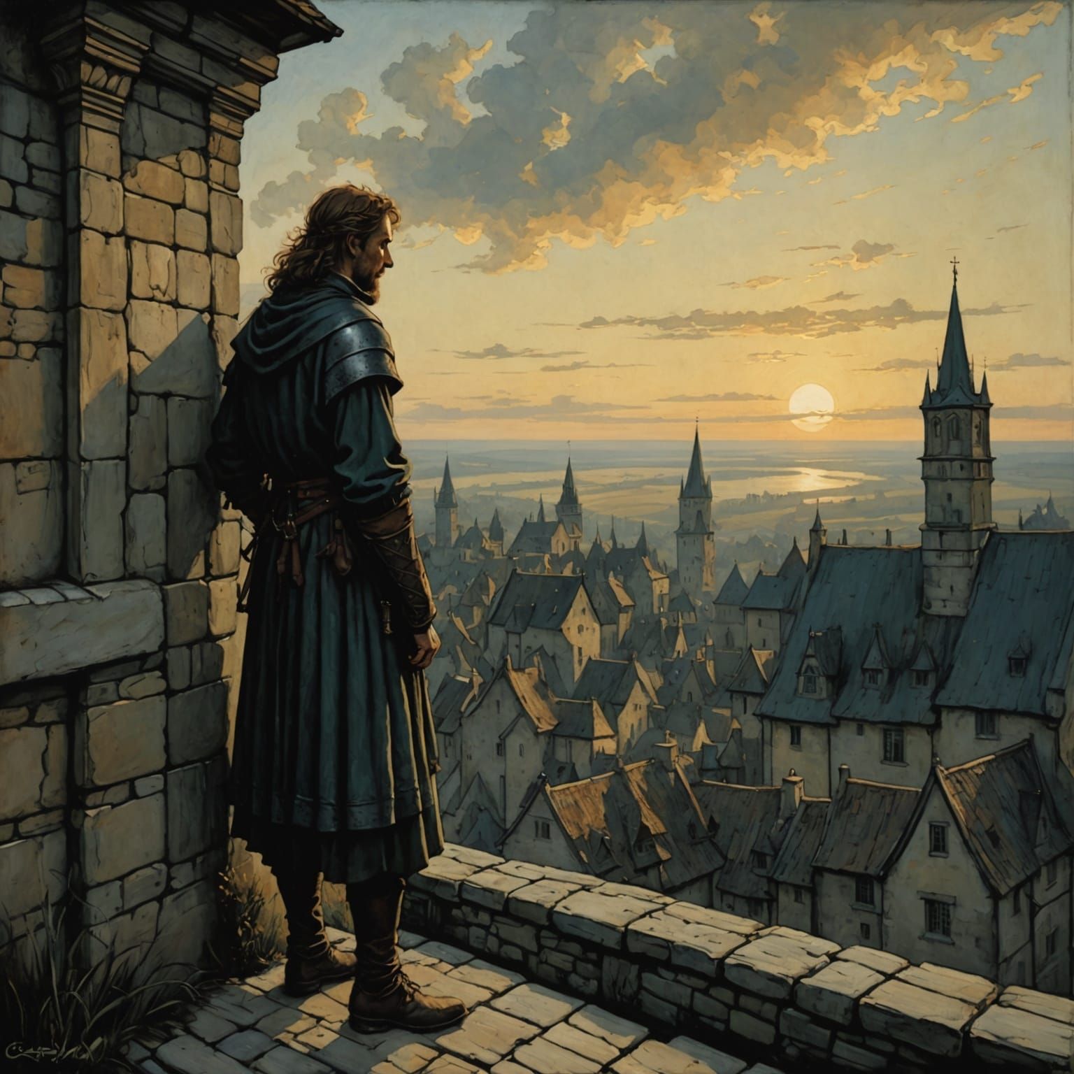 Medieval Sunrise Sentinel in Chiaroscuro Style