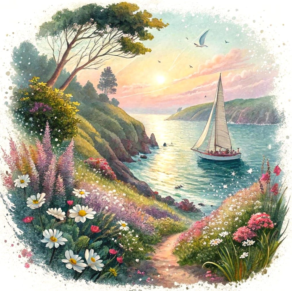 Vibrant Watercolour Painting of a Hilly Floral Bay