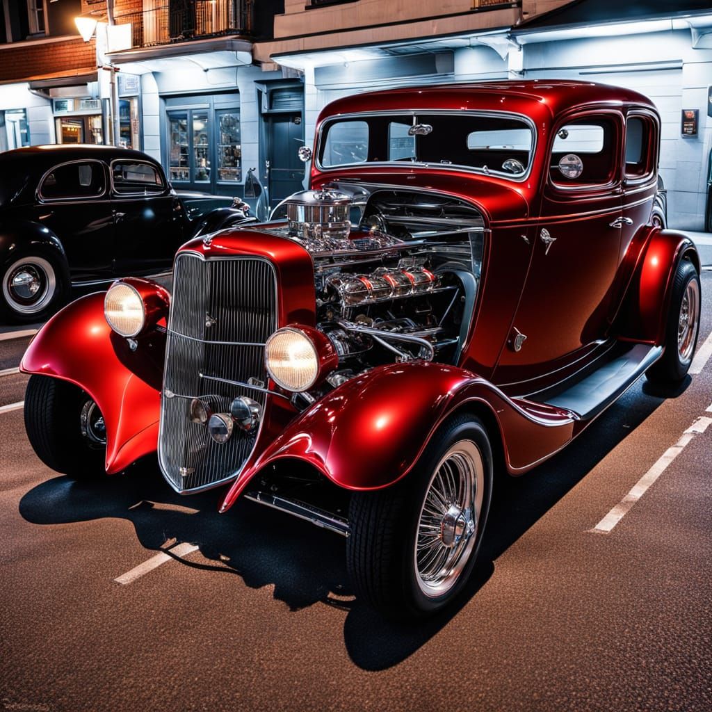Classic Hot Rod Under Street Lamp at Midnight