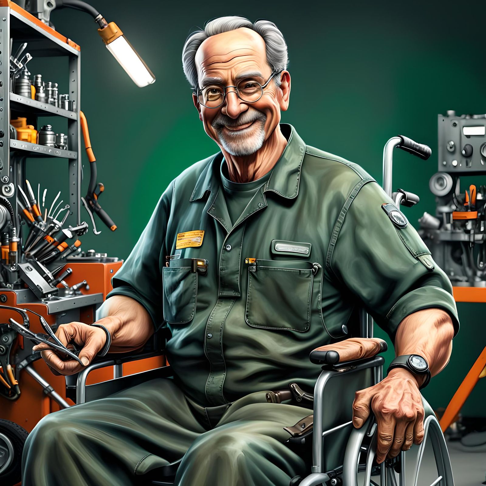 Hyperrealistic Portrait: Mechanic in Wheelchair with Tools