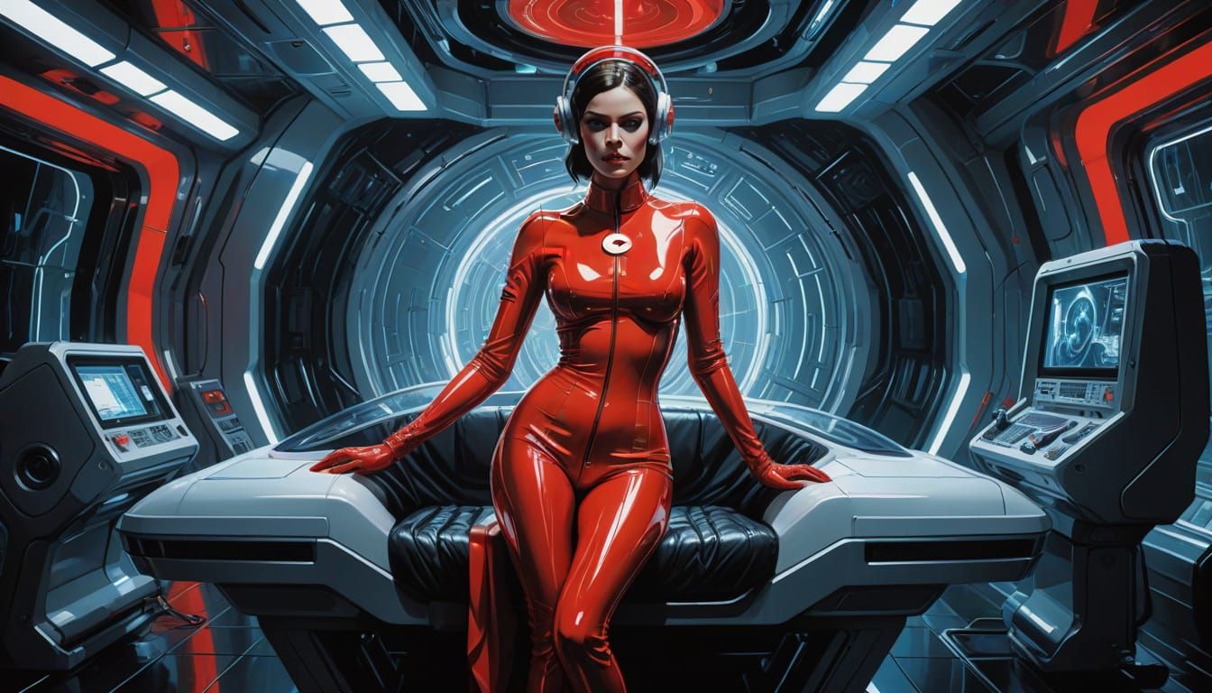 Cyberpunk Nurse in Red Latex Jumpsuit Amidst Futuristic Medi...