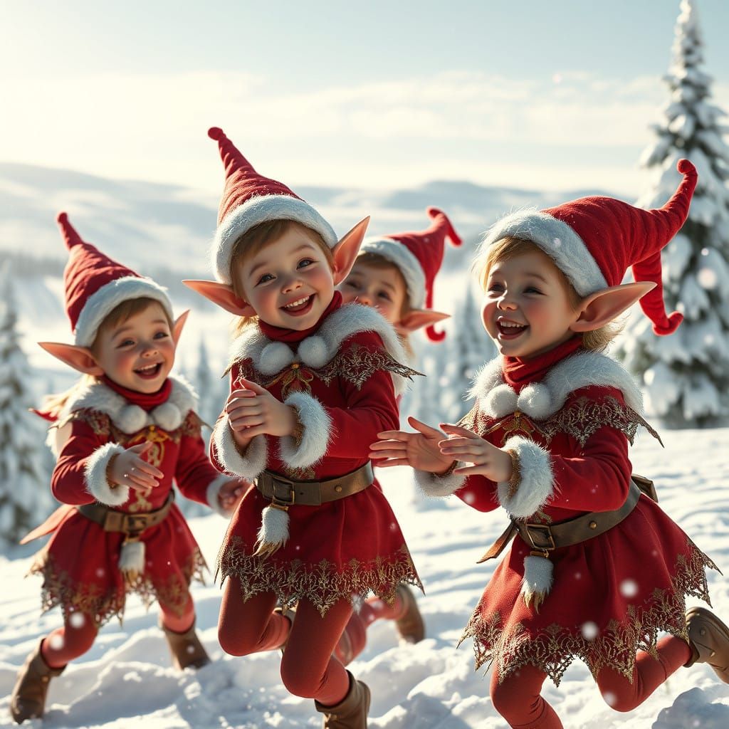 Fantastical Winter Scene with Four Cheerful Elves