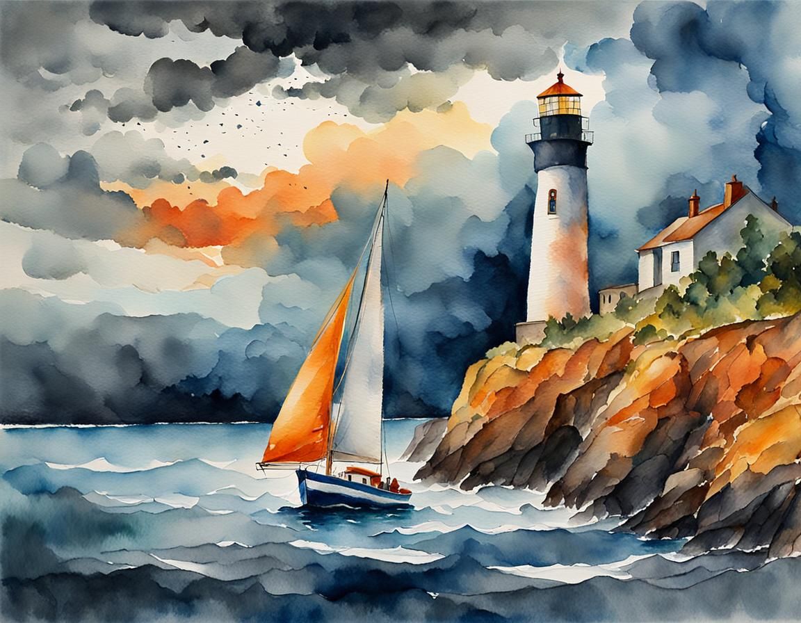 Sailboat on Stormy Brittany Coast in Expressionist Watercolo...