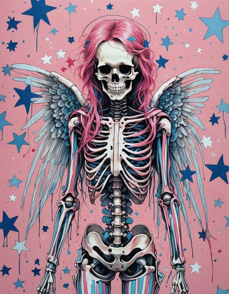 Striped Skeleton Angel with Stars in Emo Style