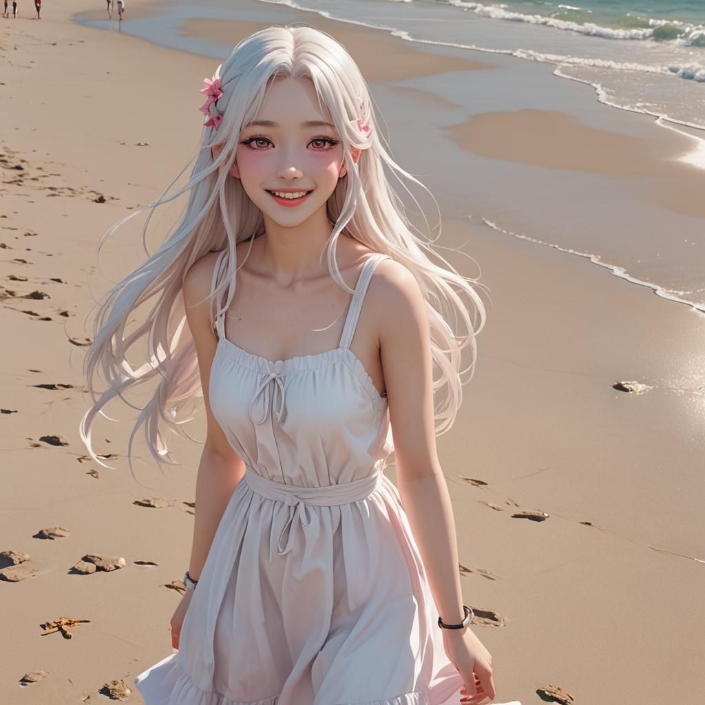 Anime Woman on Beach in Solarpunk Style