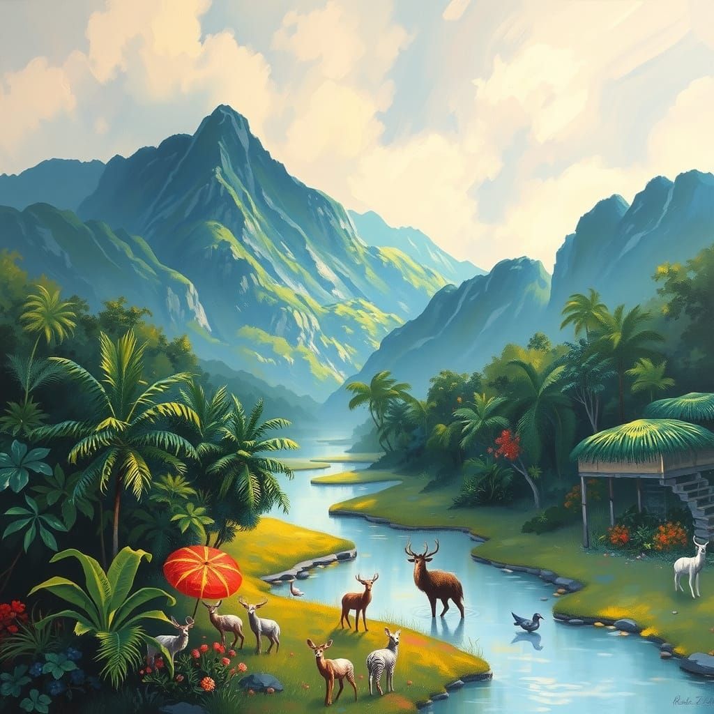 Dreamy Rainforest Paradise with Majestic Mountains and Wildl...