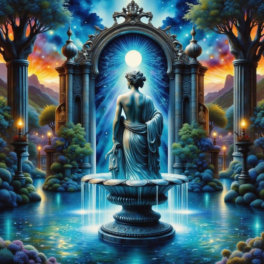 Glimmering Persephone Statue in a Roman-Style Aqua Fountain