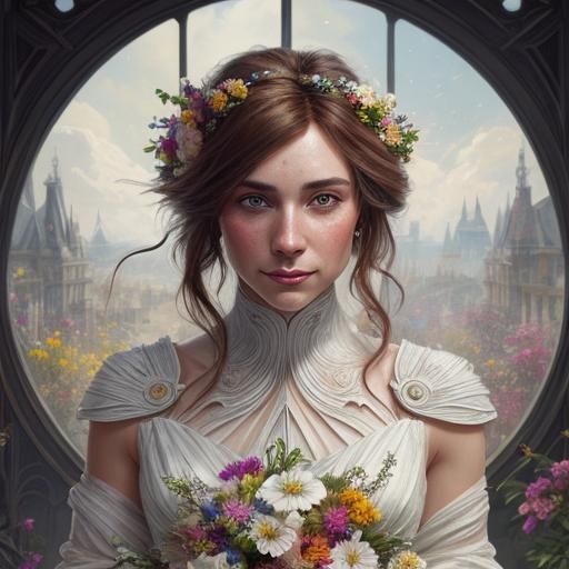 Girl with Flowers, Art Nouveau Portrait