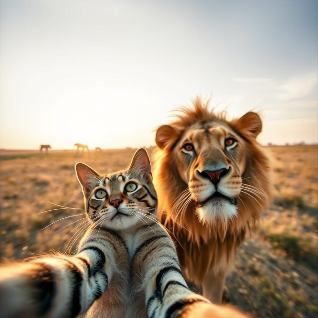 Tabby Cat Selfie with Lion in Savanna