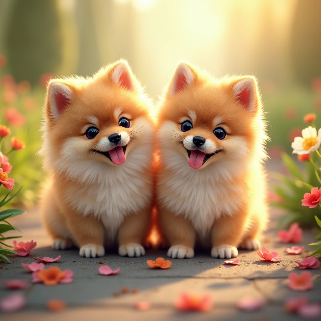 Playful Pomeranian Puppies Bask in Whimsical Sunlit Scene