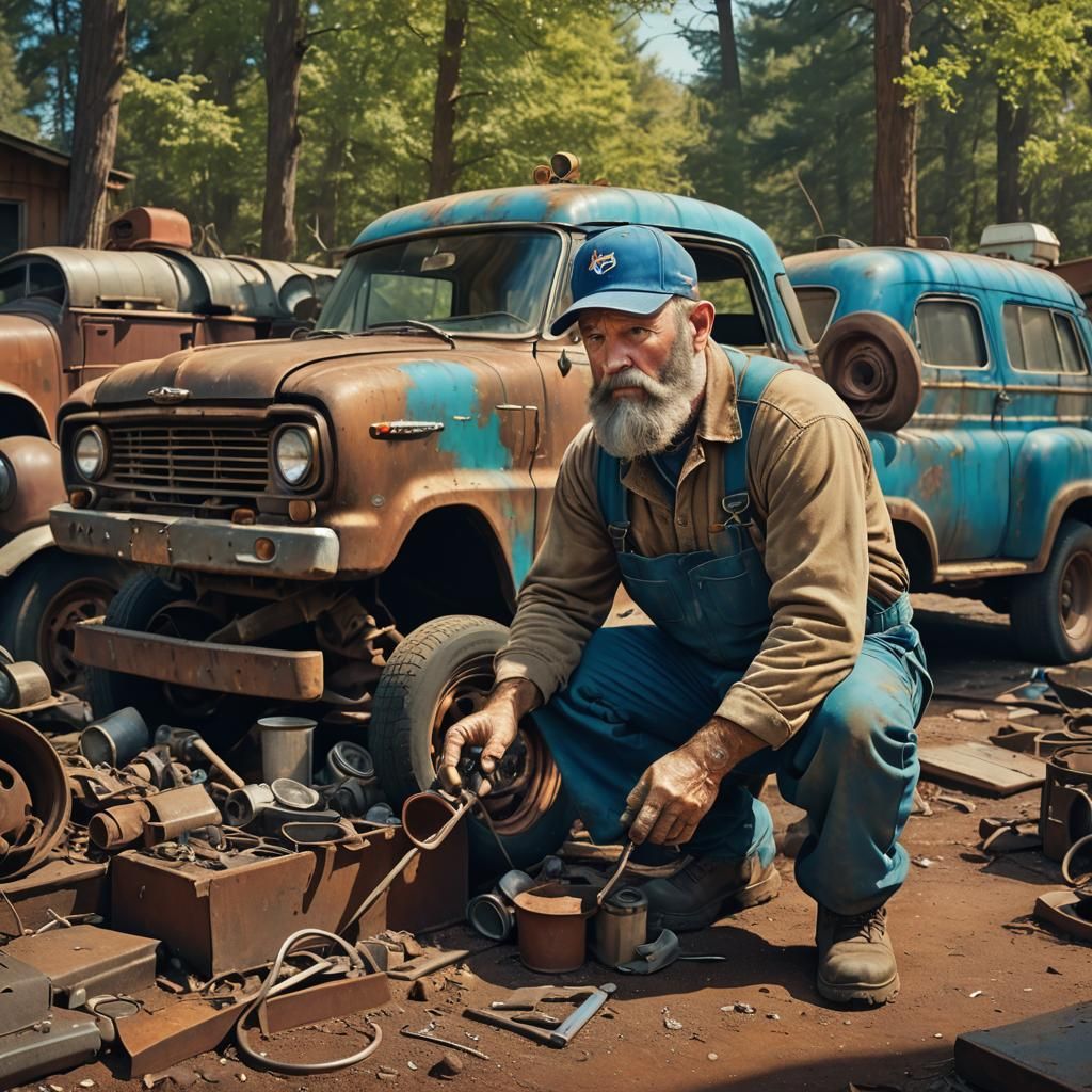 Man Rebuilds Junk Car: Matte Painting by Simon Stalenhag