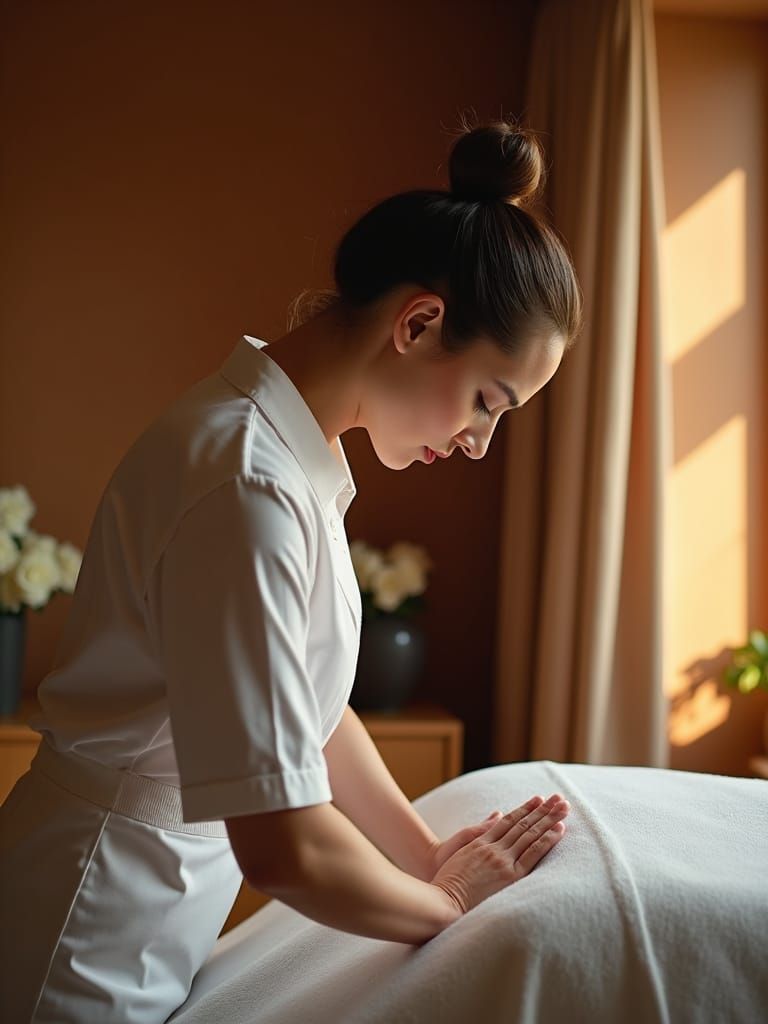 Serene Massage Therapist Portrait in Warm Studio Light