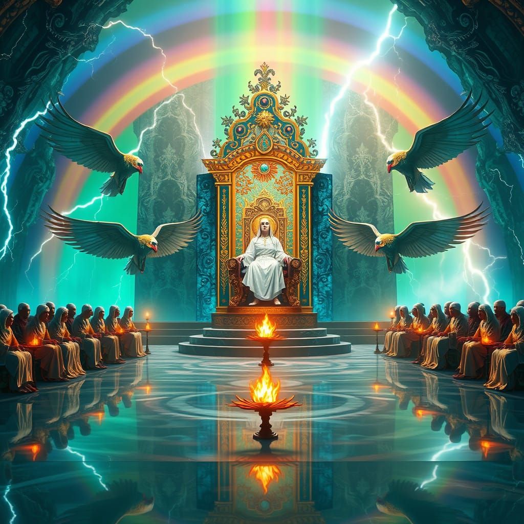 Regal Figure on Throne in Heavenly Realm with Vibrant Rainbo...