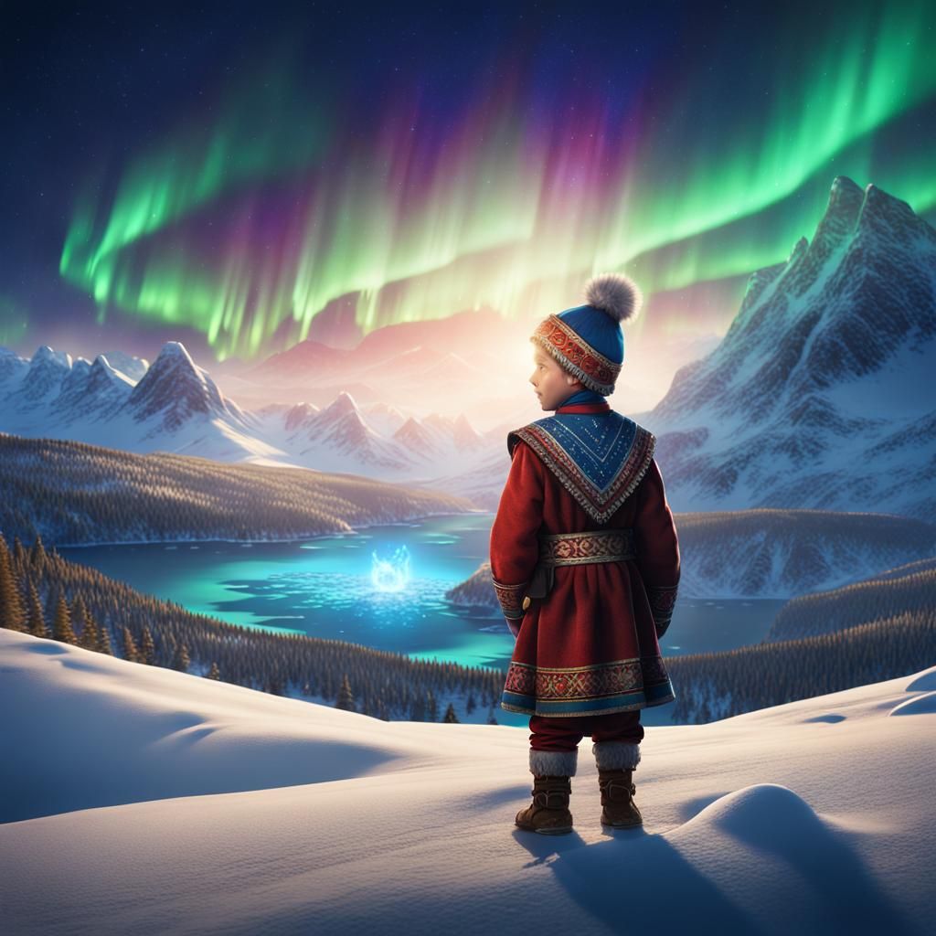 Boy in Sami Costume Under Aurora Borealis