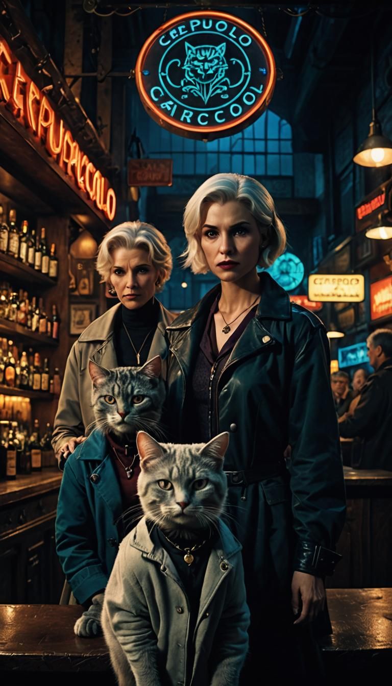 Characters Under Neon Sign in Cinematic Film Still