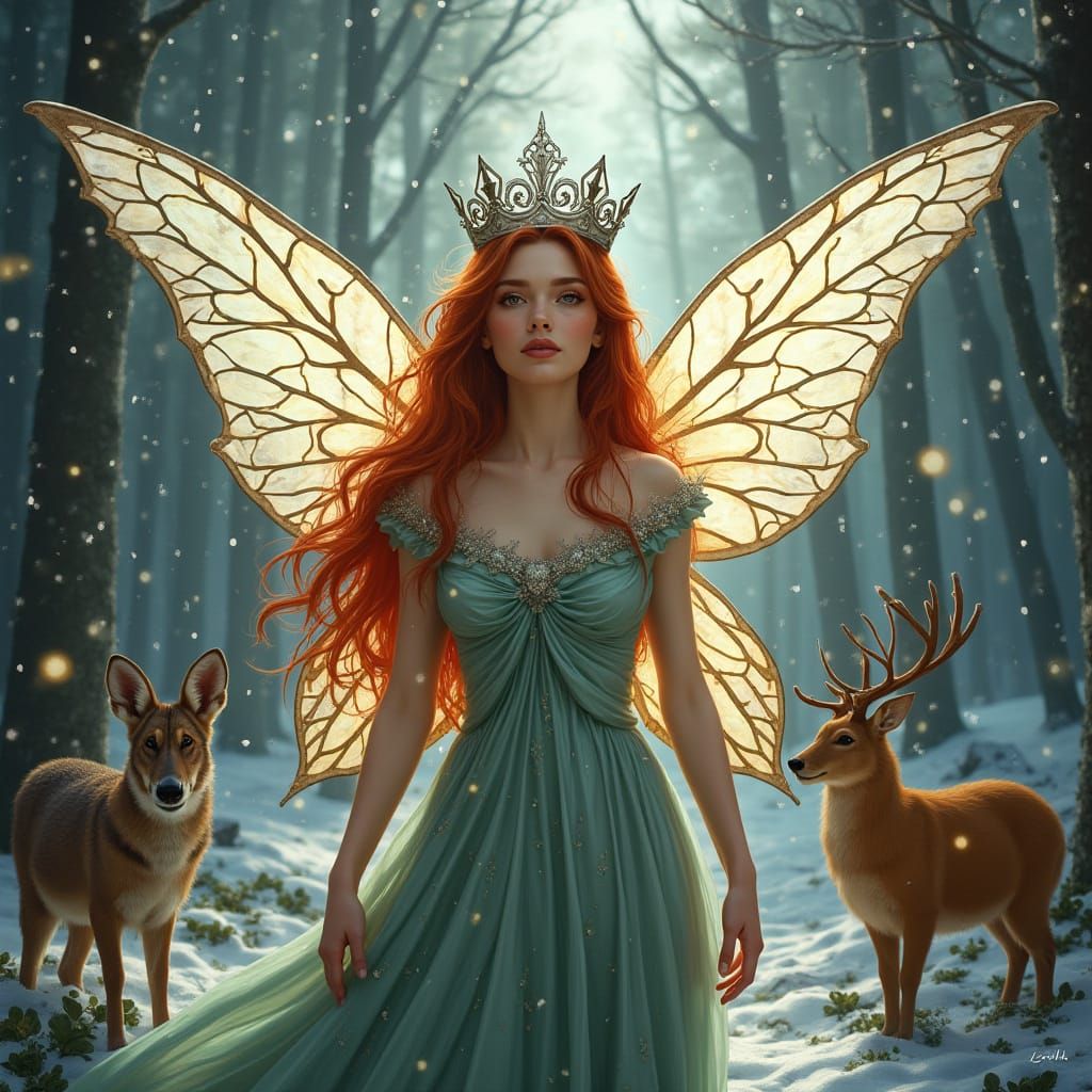 Fairy Queen in Winter Wonderland with Angel Wings and Forest...