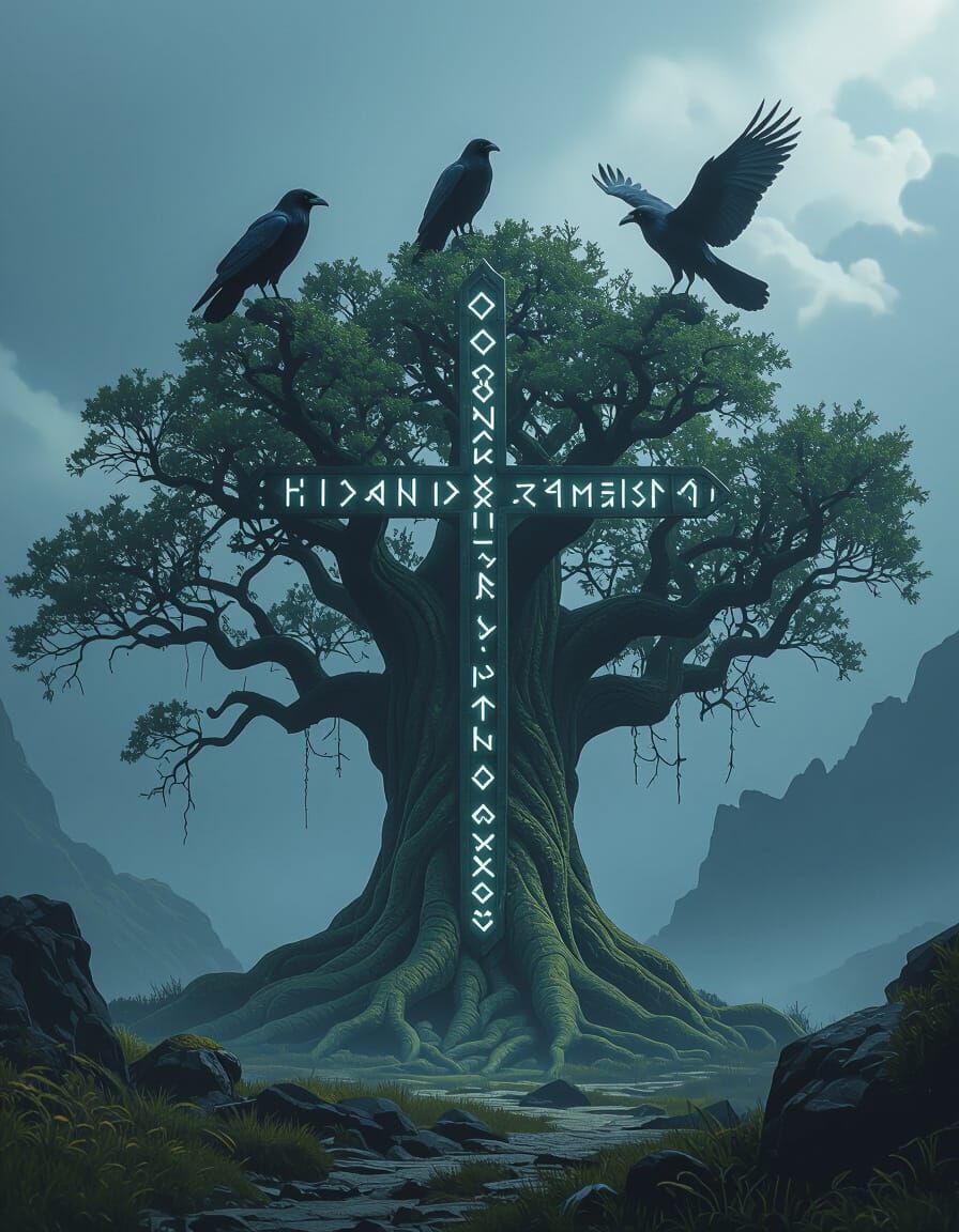 Yggdrasill Tree with Runes and Ravens in Digital Art Style