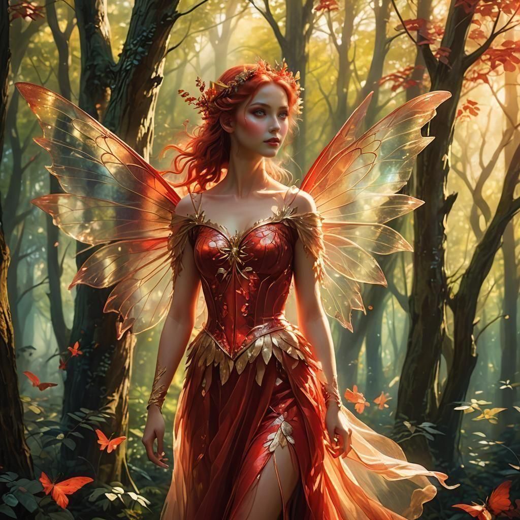 Red Fairy Woman in Enchanted Forest