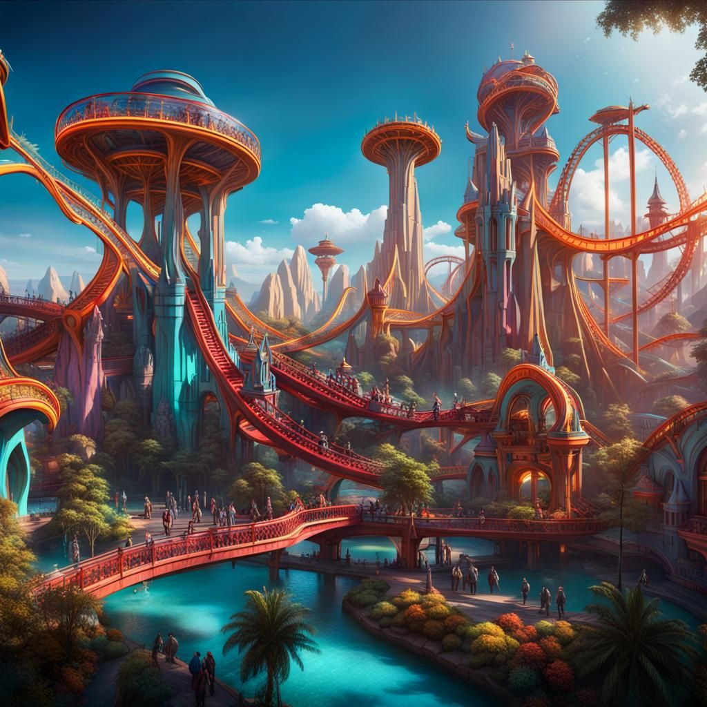 Epic Multiverse Amusement Park in Vibrant Fantasy Style