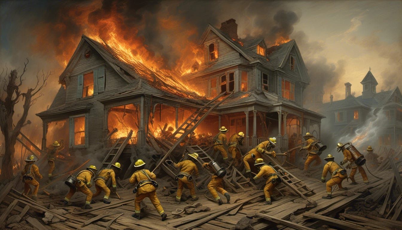 Skeletal Firefighters Battle Blaze in Gothic Horror Style