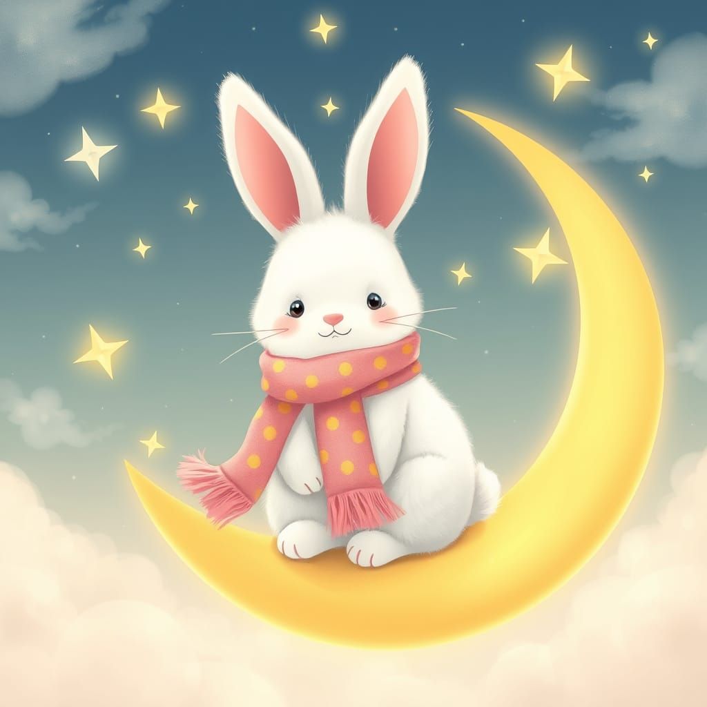 Kawaii Bunny on Moon with Scarf