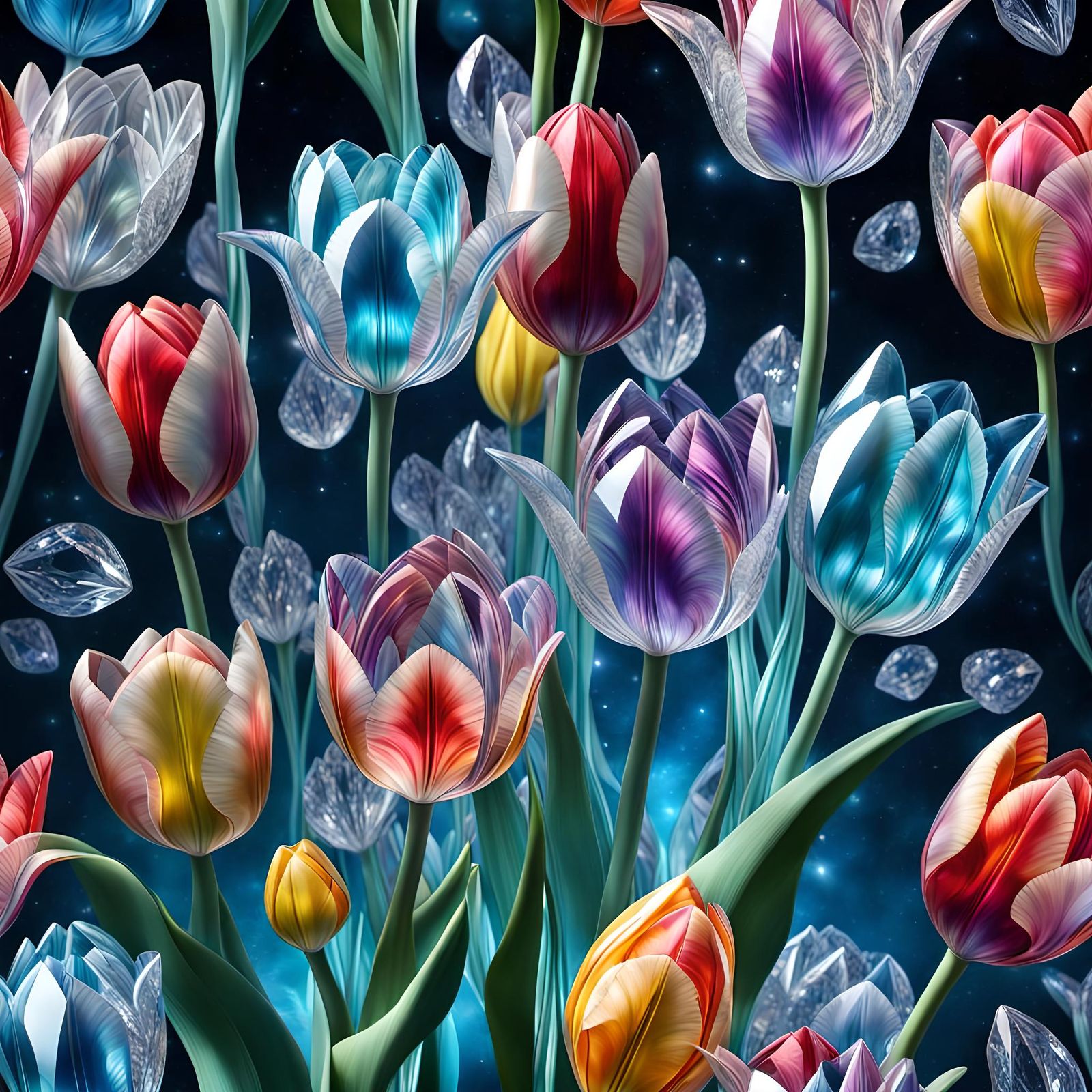 Crystal Tulips Float in Starry Space