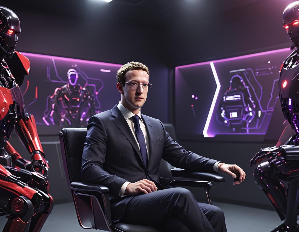 Futuristic Mark Zuckerberg in Cyberpunk Tech Room