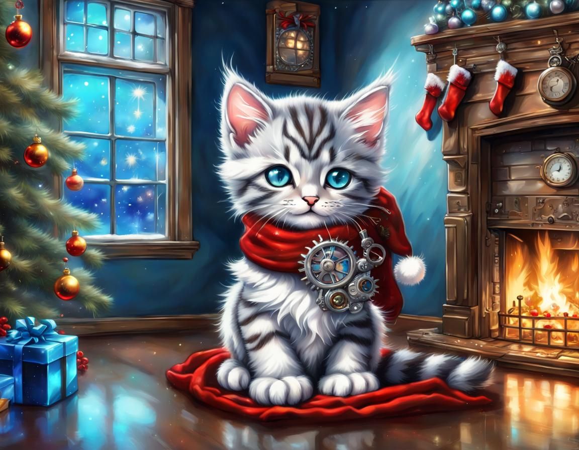 Steampunk Christmas Kittens in Festive Airbrush Painting
