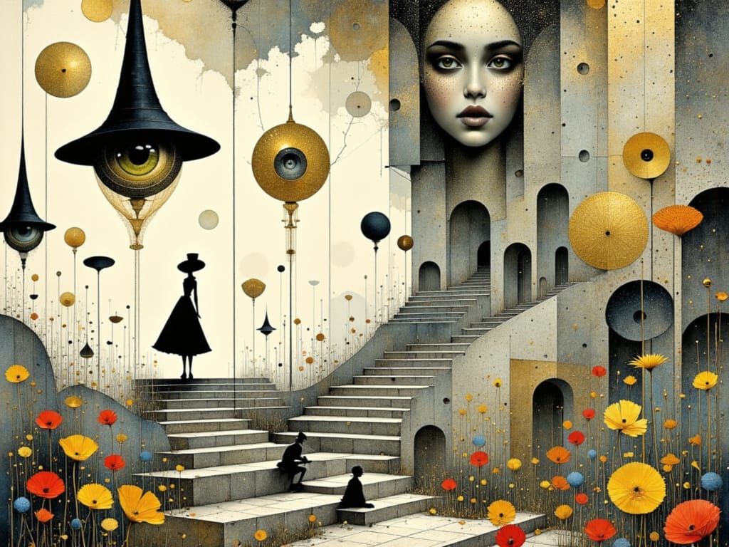 Surreal Wonderland Scene in M.C. Escher and Klimt Styles