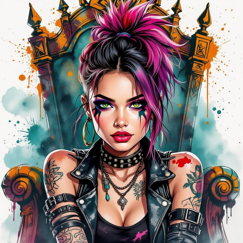 Punk Rebel on Graffiti Throne in Watercolor Style