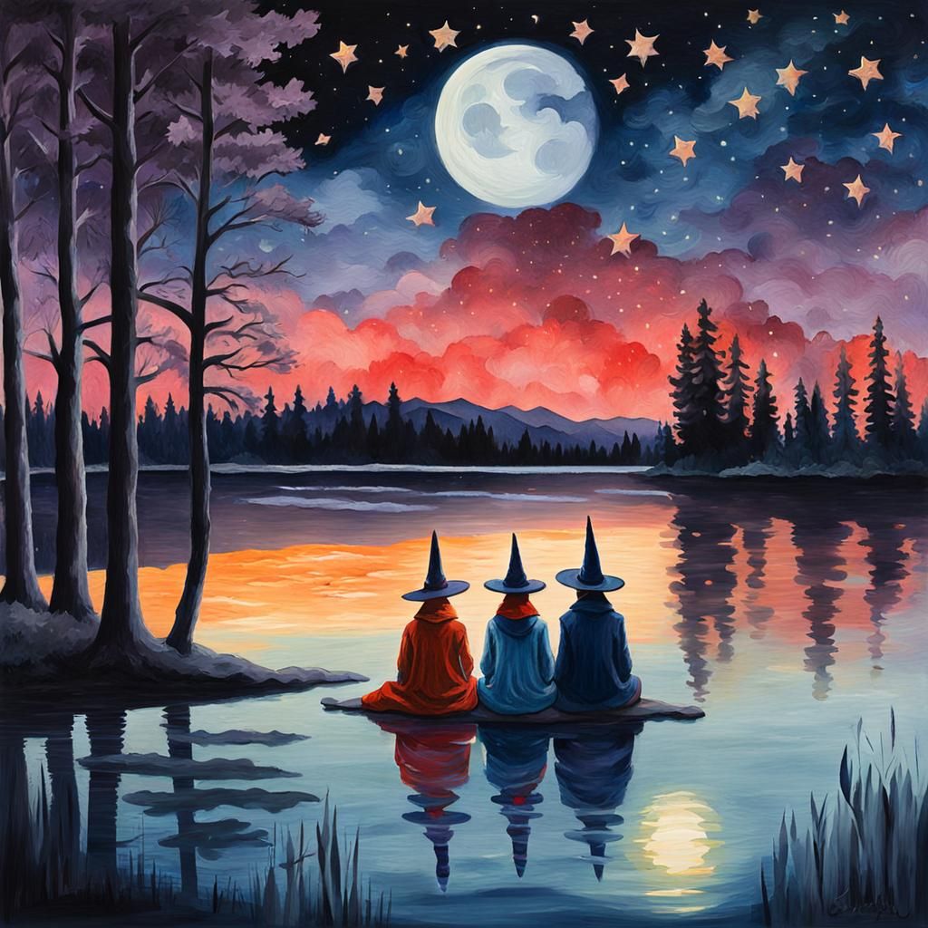 Moonlit Lake Scene in Gouache Watercolor Style