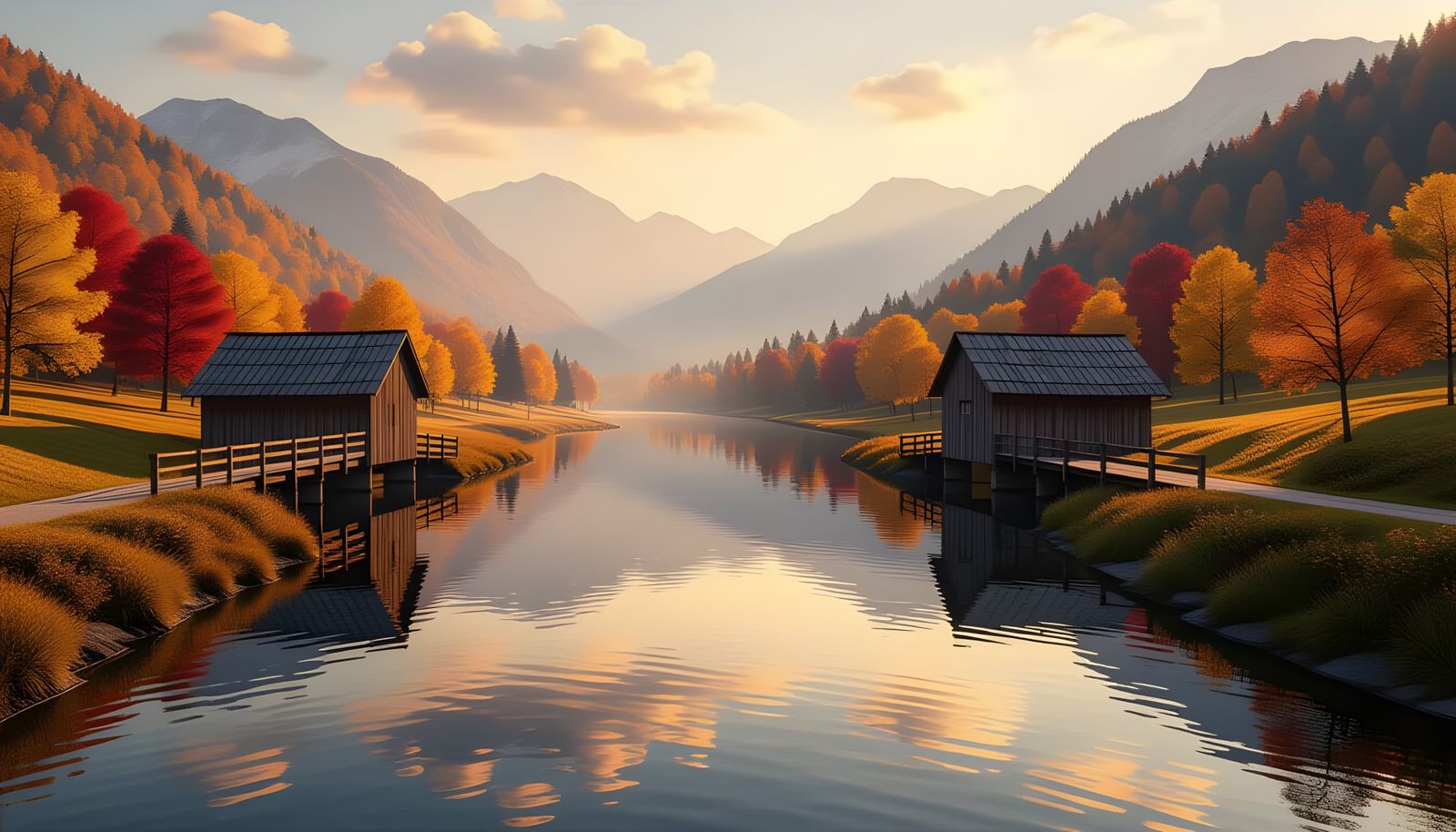 Autumn Valley River Scene with Mountains in Mist