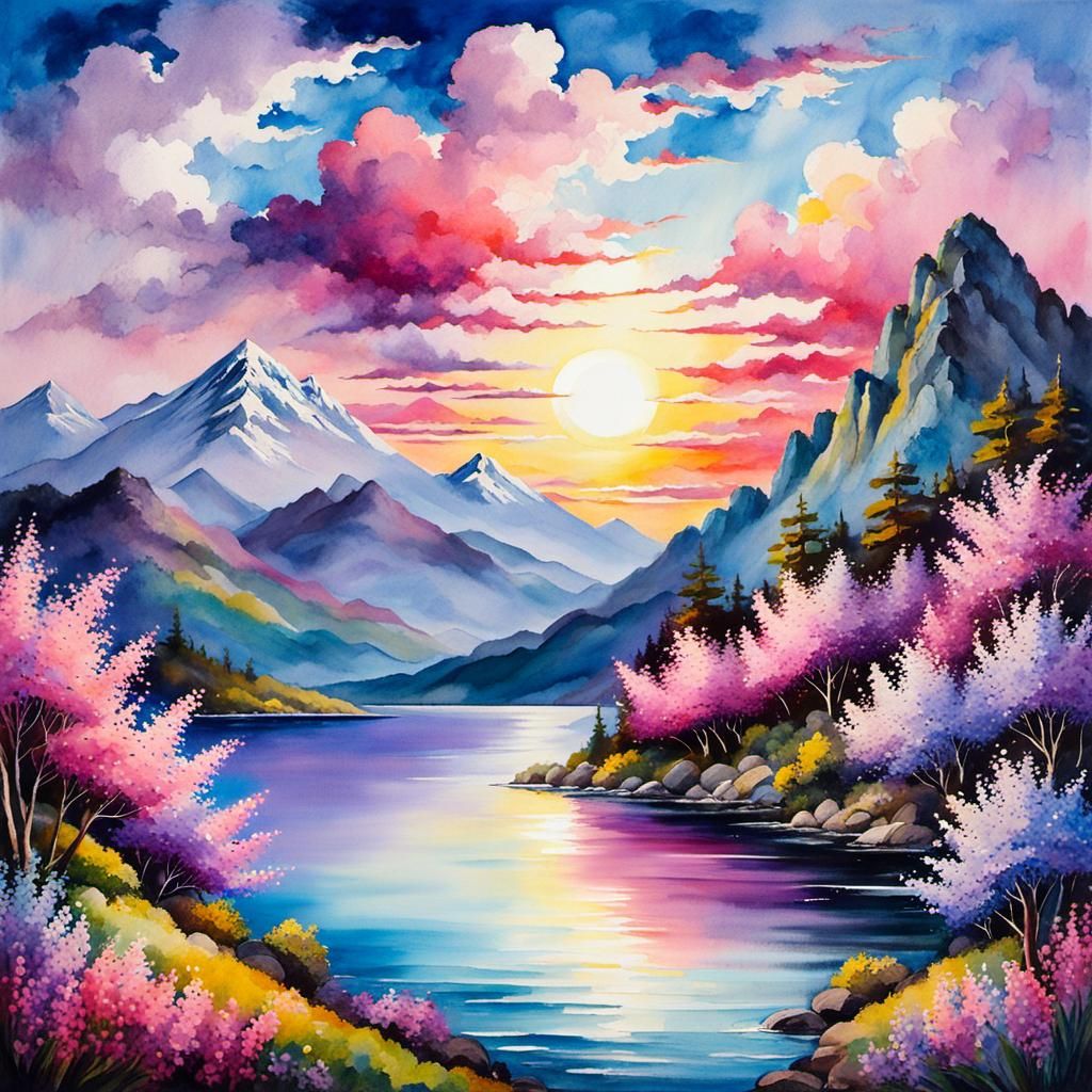 Horrific Lilac Field Landscape in Oil, Watercolor and Ink