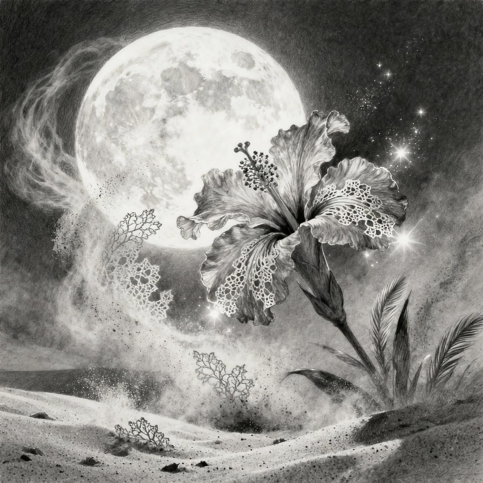 Rare Flower in Swirling Sand, Moonlit Charcoal Drawing