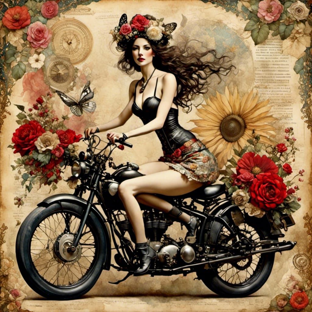 Woman on Bike with Digital Tattoos in Collage